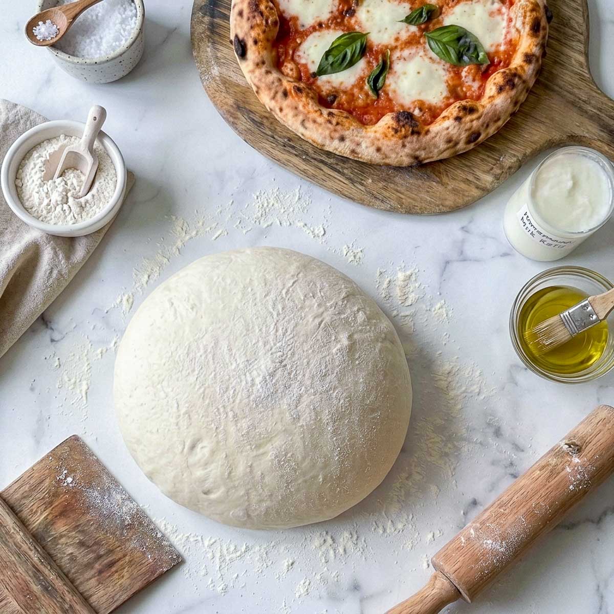 Overhead view of kefir pizza dough on a floured surface with a baked margherita pizza on a wooden board.