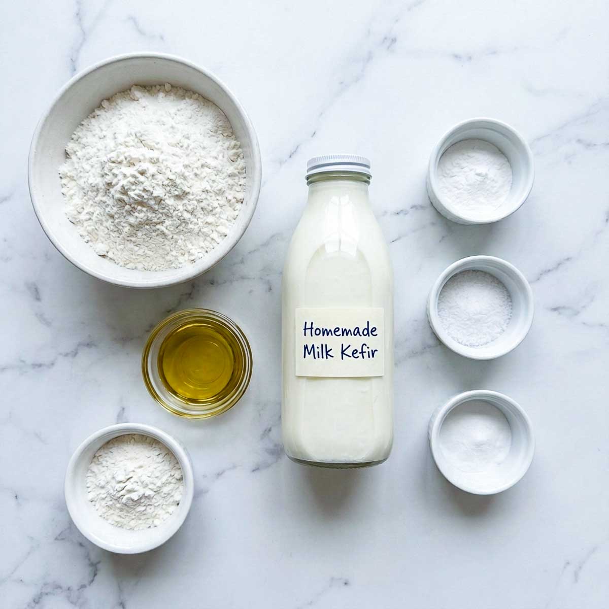 Ingredients for kefir pizza dough including flour, milk kefir, olive oil, baking powder, baking soda, and salt on a marble surface.