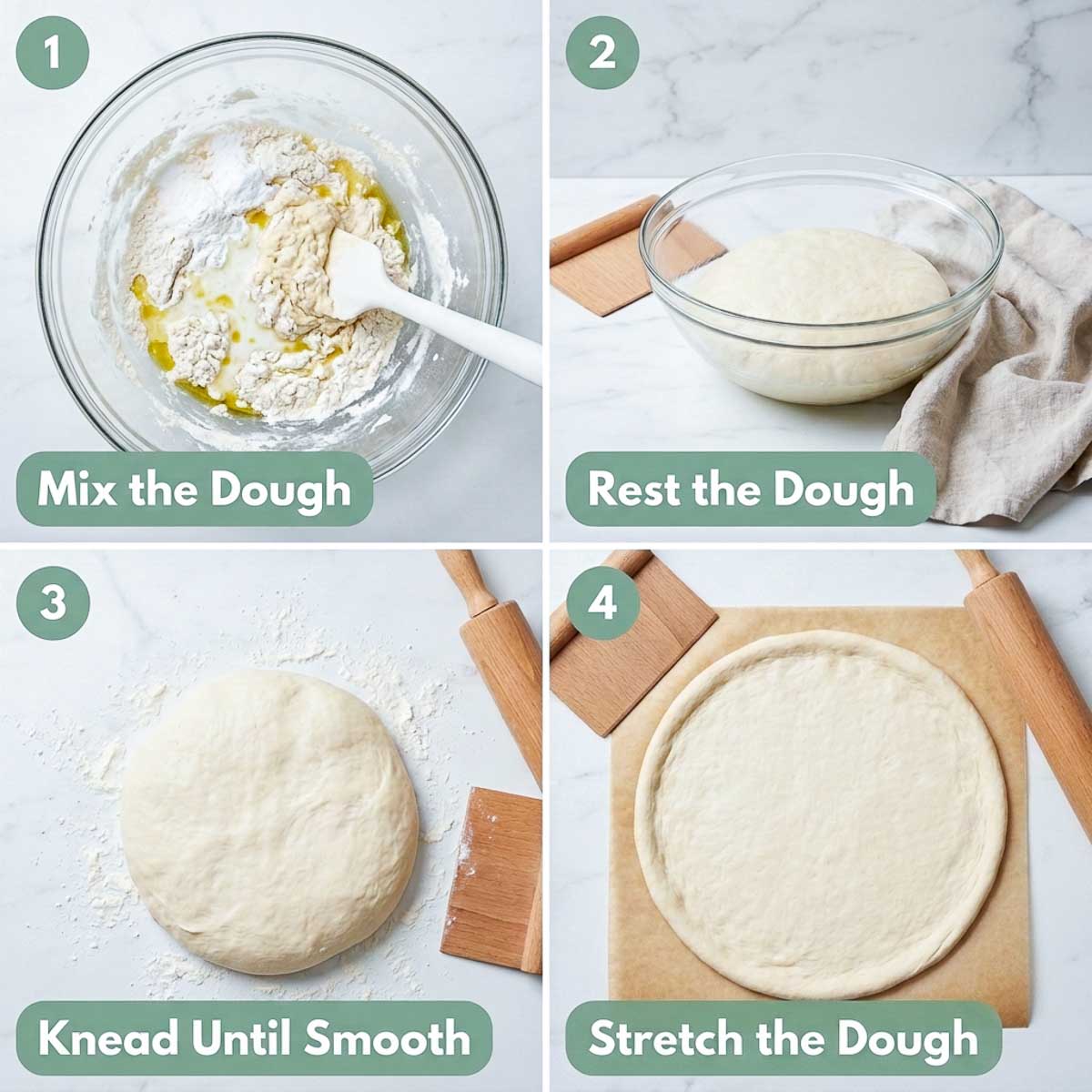 Four steps for making no-yeast kefir pizza dough: mixing the dough, resting it in a glass bowl, kneading until smooth, and stretching into a round.