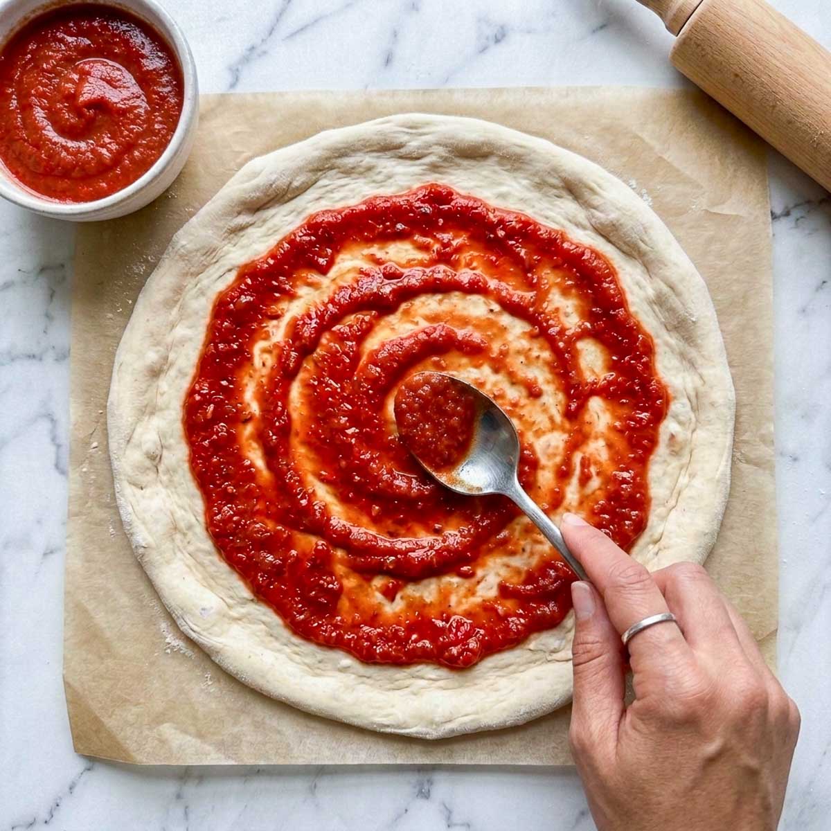 Spreading tomato sauce over rolled out no yeast pizza dough on parchment paper.