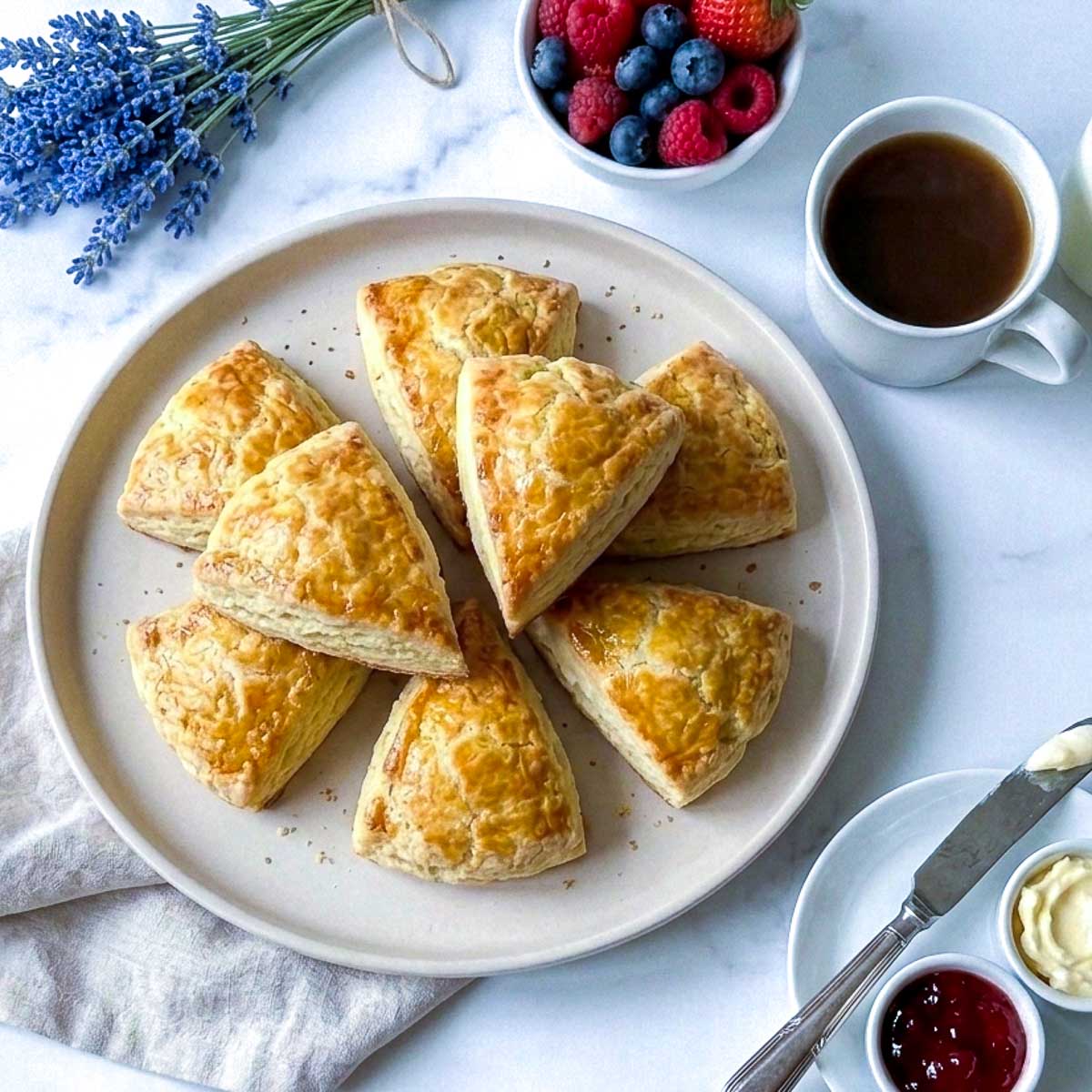 Top view of kefir scones on a white plate with berries, coffee, butter, and jam.