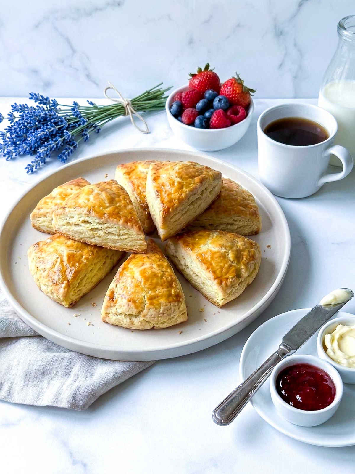 Kefir scones on a white plate with berries, coffee, butter, and jam.