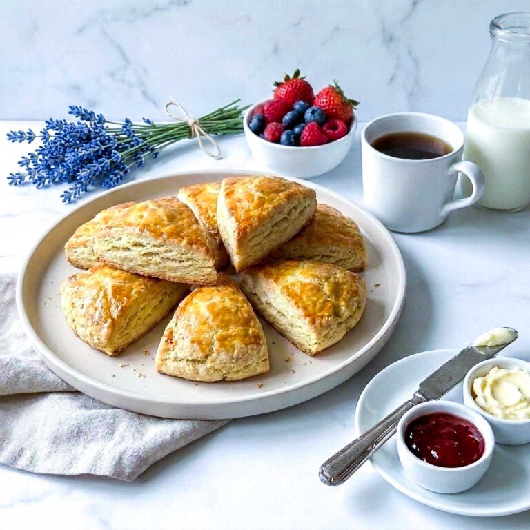 Kefir scones on a white plate with berries, coffee, butter, and jam.