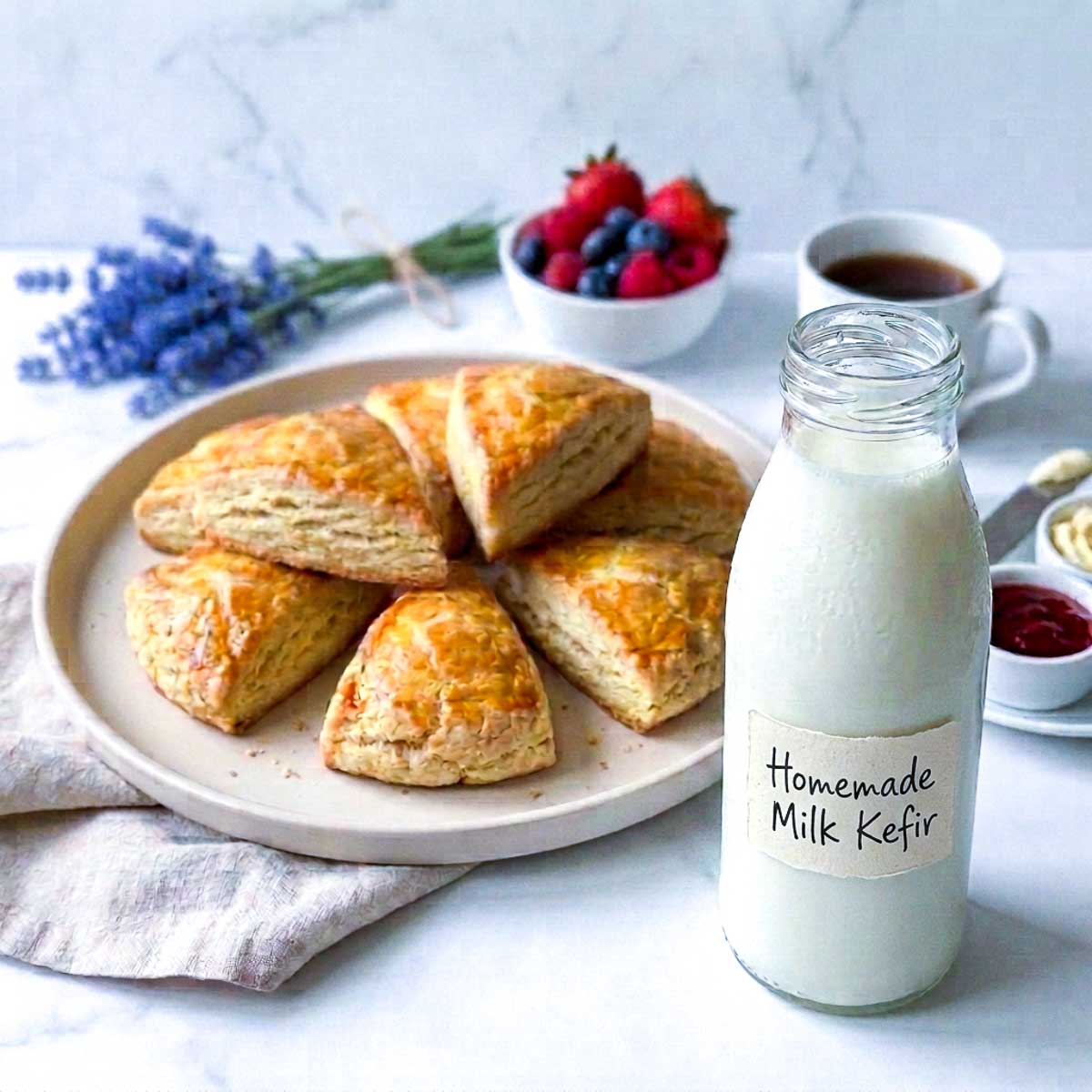 Kefir scones on a plate beside a bottle of homemade milk kefir.