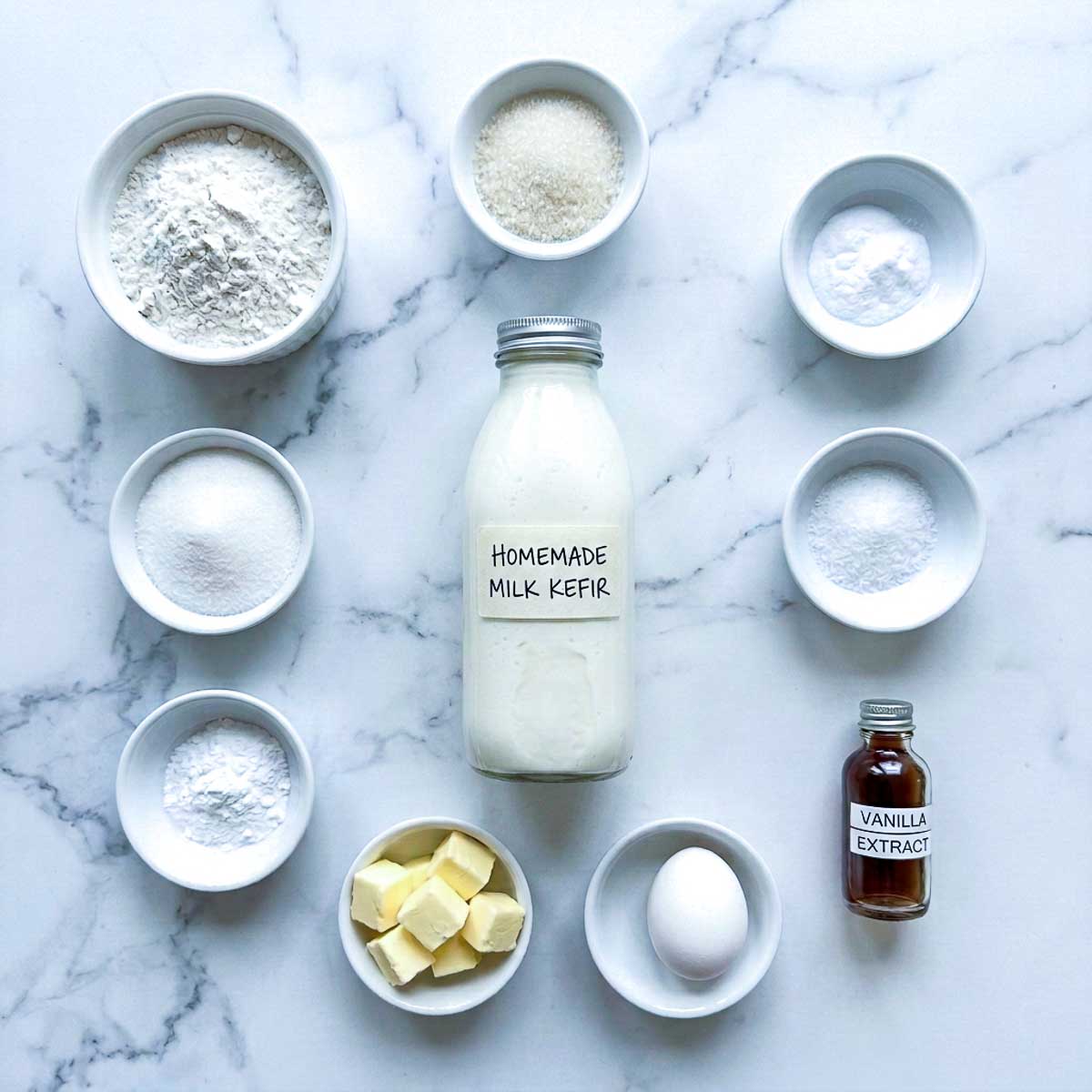 Ingredients for kefir scones including flour, butter, egg, and a bottle of homemade milk kefir.