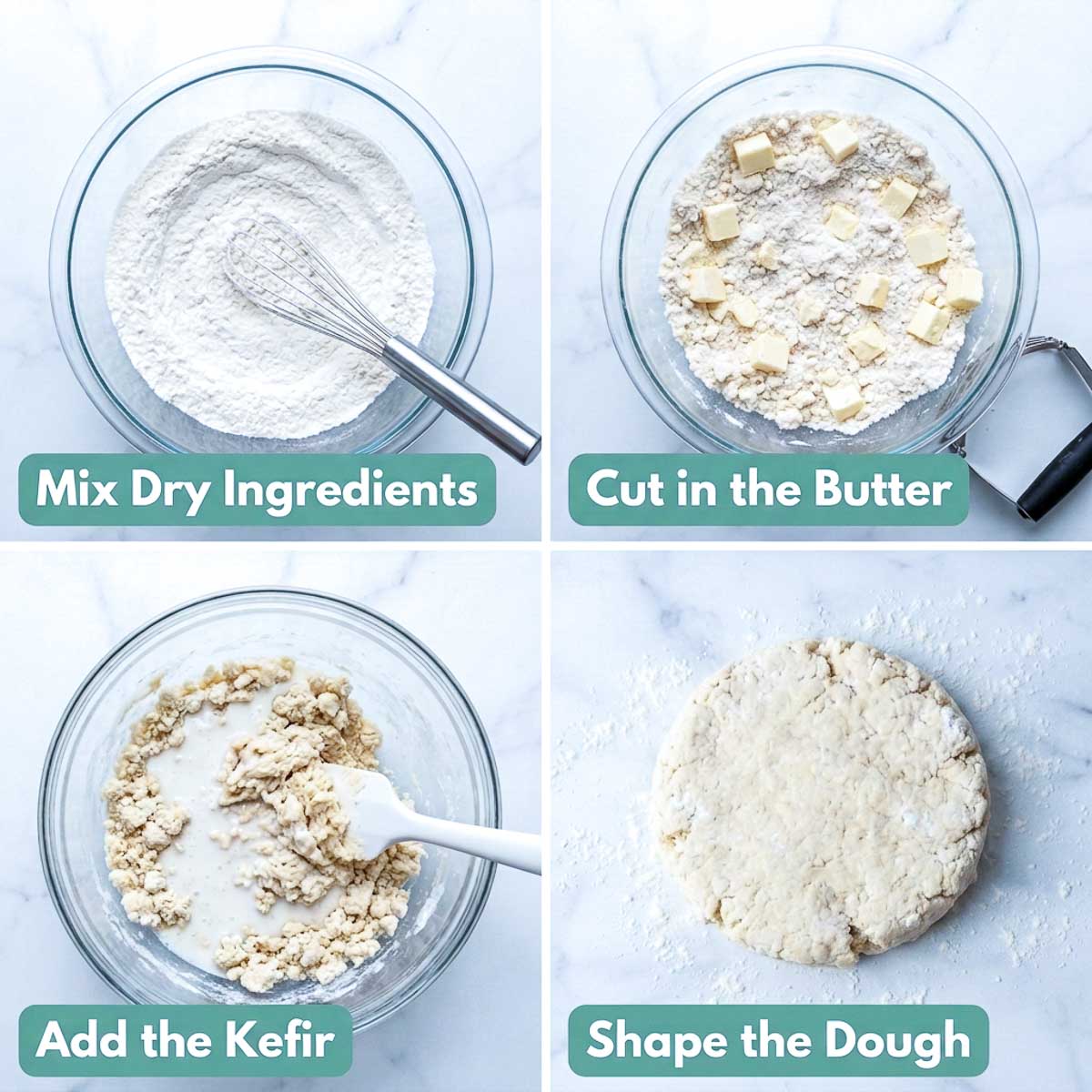 Four steps making kefir scone dough: mixing dry ingredients, cutting in butter, adding kefir, shaping the dough.