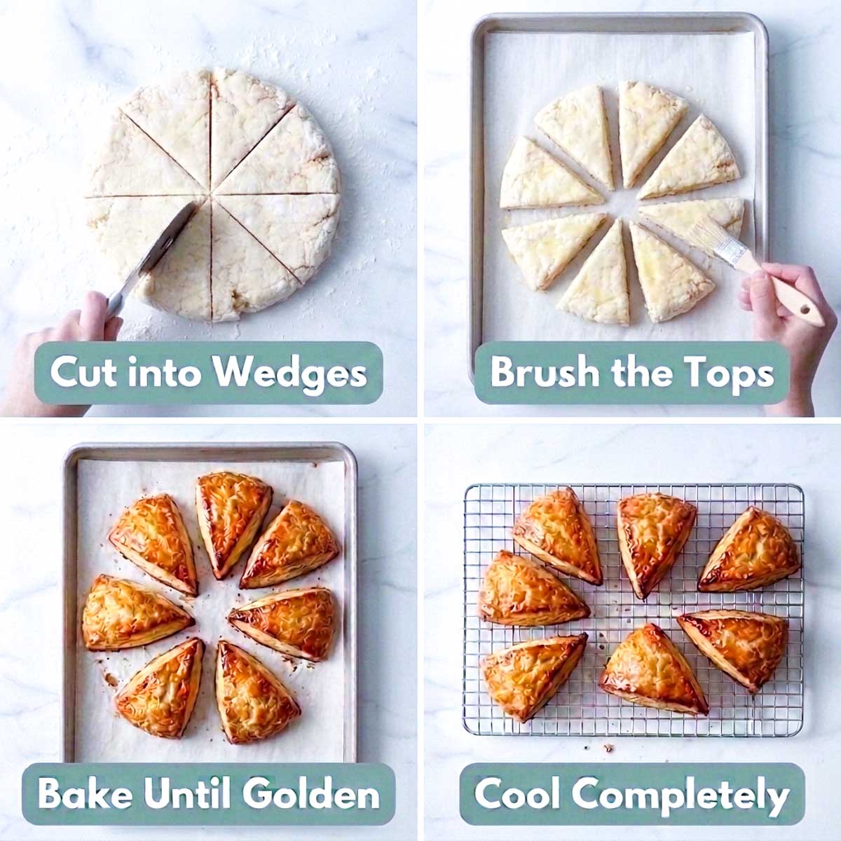 Four steps baking kefir scones: cutting wedges, brushing the tops, baking until golden, cooling on a rack.
