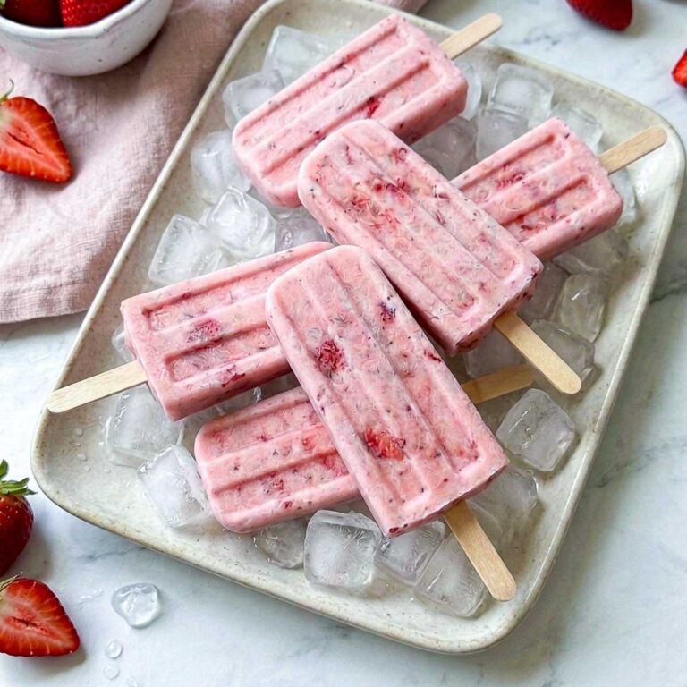 Strawberry kefir popsicles arranged on a tray of ice with fresh strawberries.