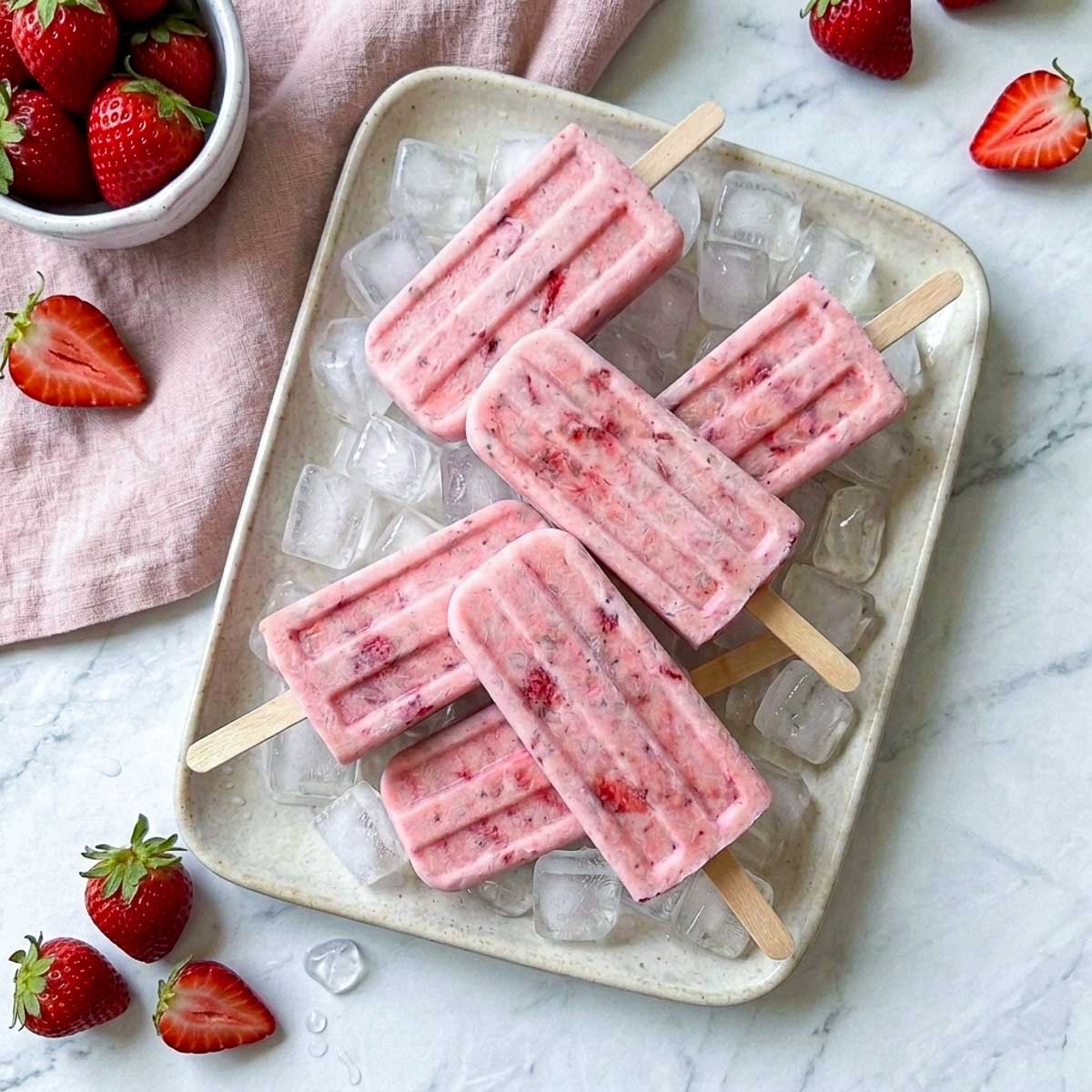 Homemade strawberry kefir popsicles served over ice with fresh strawberries and a pink linen napkin.