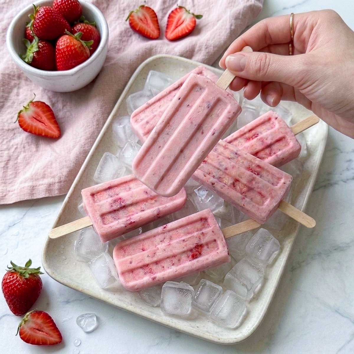 Hand holding a homemade strawberry kefir popsicle above a tray of popsicles and ice.