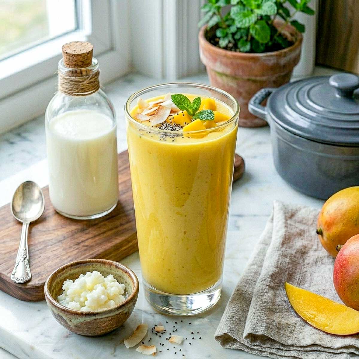 Mango kefir smoothie in a tall glass topped with mango pieces, coconut flakes, chia seeds, and mint.