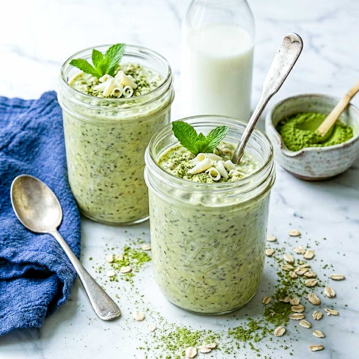 Matcha kefir overnight oats in glass jars topped with matcha powder and white chocolate curls.