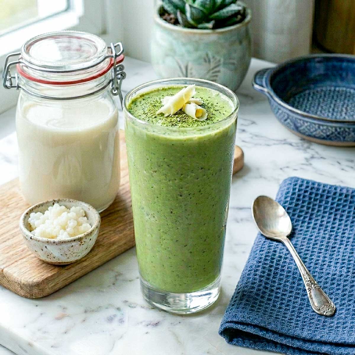 Matcha kefir smoothie in a tall glass topped with matcha powder and white chocolate curls.