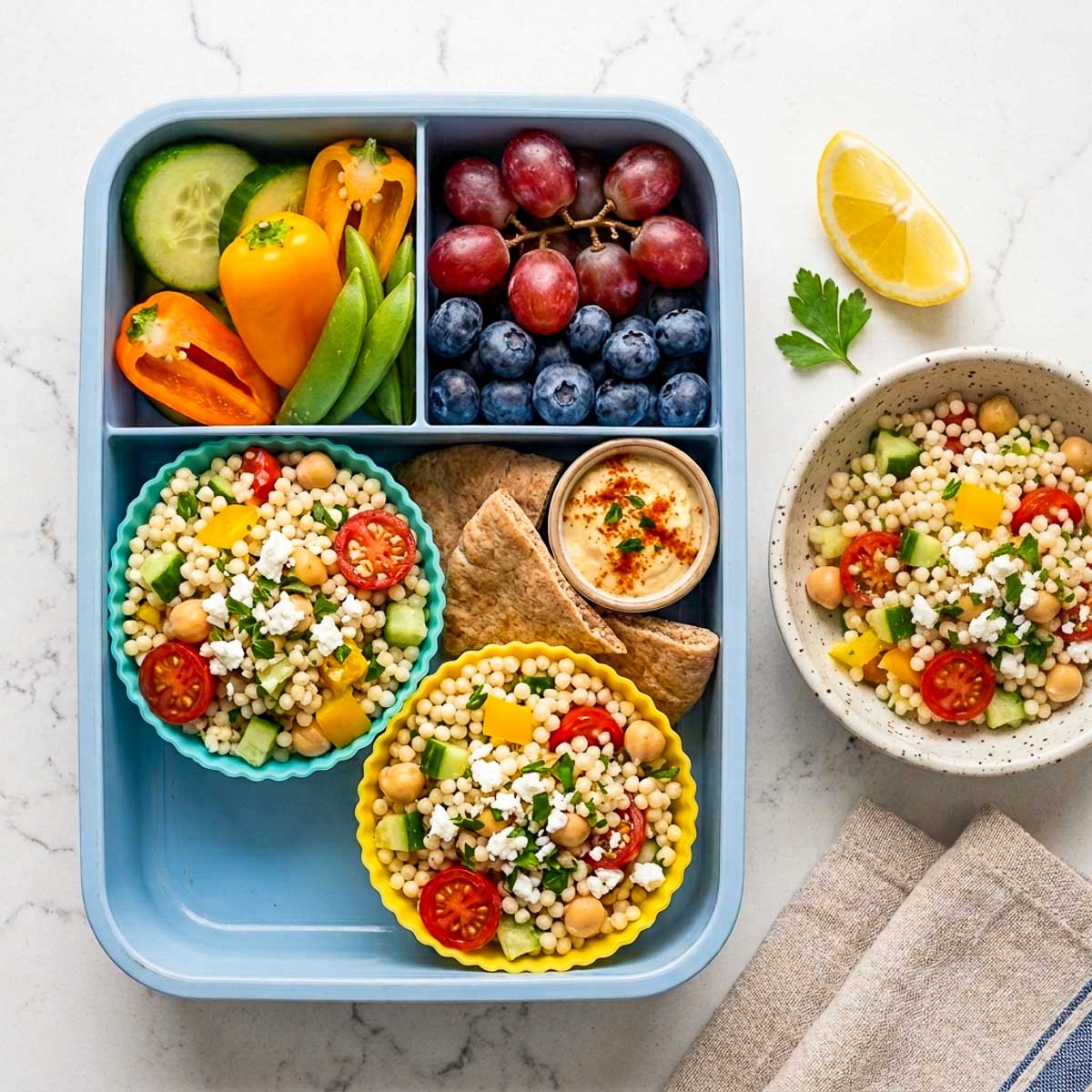 Mediterranean couscous cups with chickpeas, cucumber, tomatoes, feta, and herbs packed with vegetables, fruit, pita, and hummus.