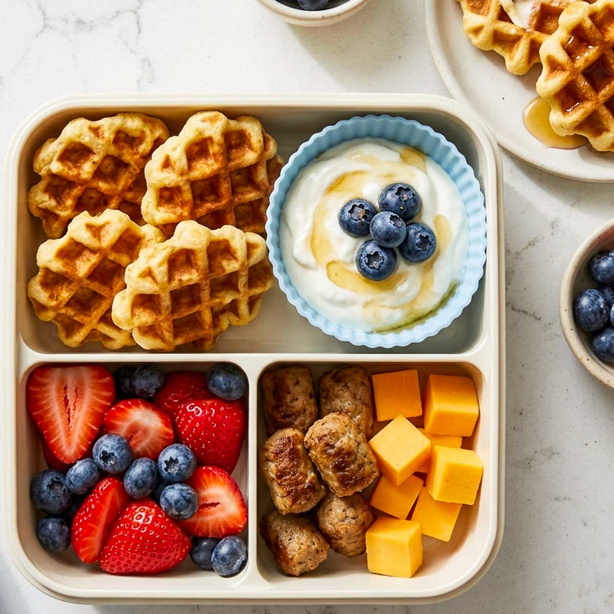 Mini waffles with yogurt dip packed in a school lunchbox with strawberries, blueberries, sausage bites, and cheddar cheese.