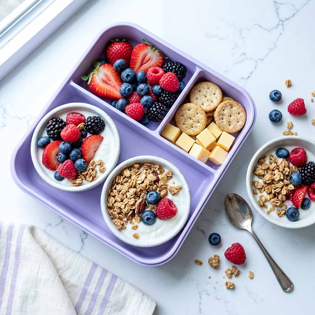 Mixed berry kefir parfait cups with granola, strawberries, blueberries, raspberries, and blackberries in a lunchbox.