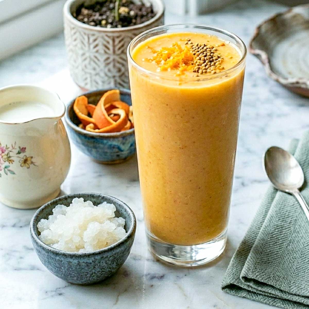Orange kefir smoothie in a tall glass topped with orange zest and seeds.
