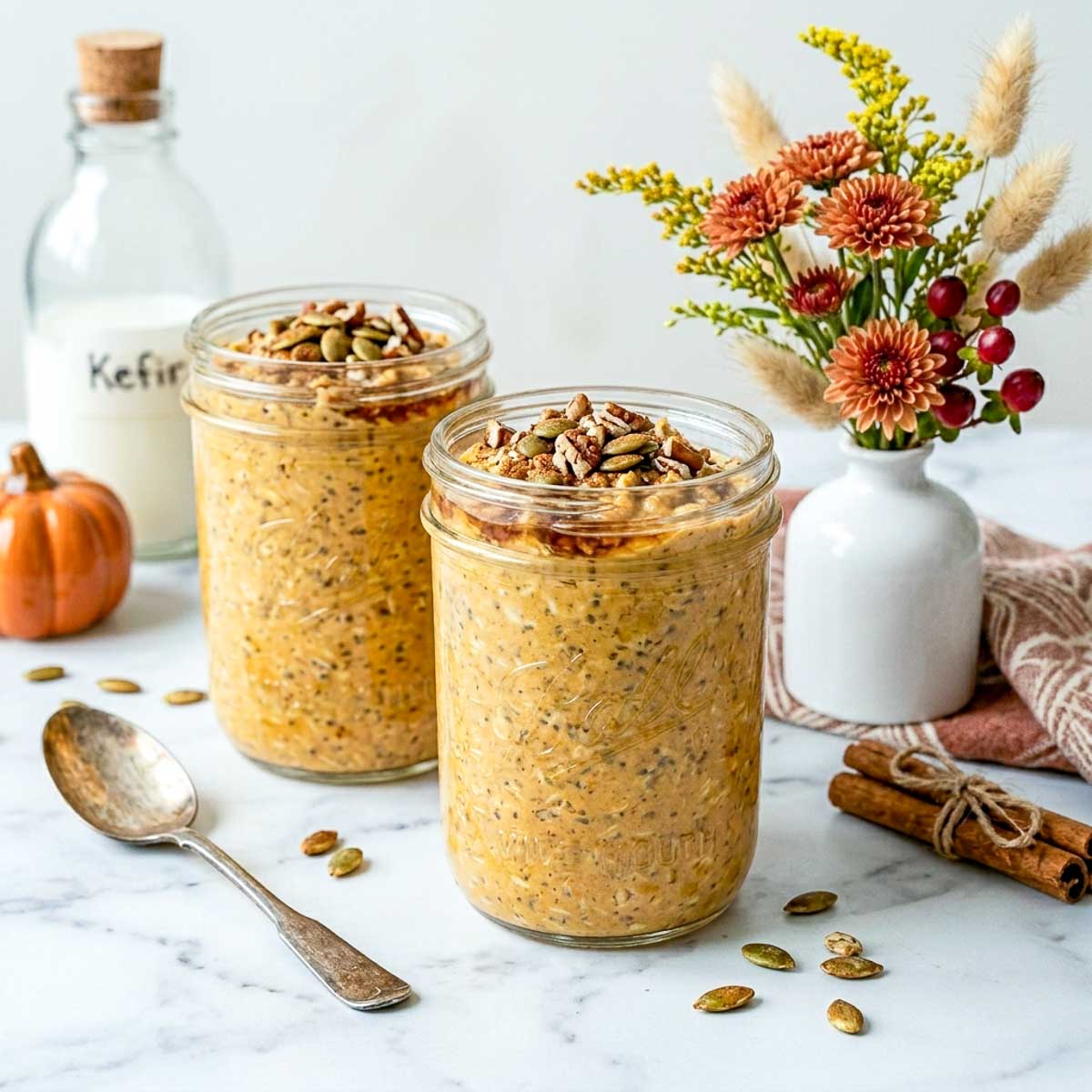 Pumpkin kefir overnight oats in glass jars topped with pecans, pumpkin seeds, and warm spices.