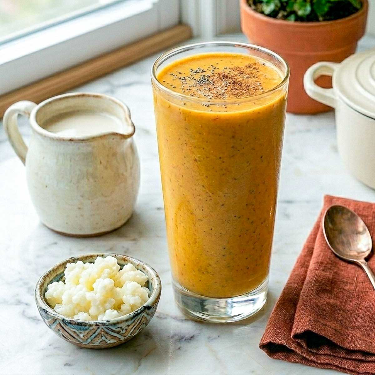 Pumpkin kefir smoothie in a tall glass sprinkled with chia seeds and pumpkin spice.