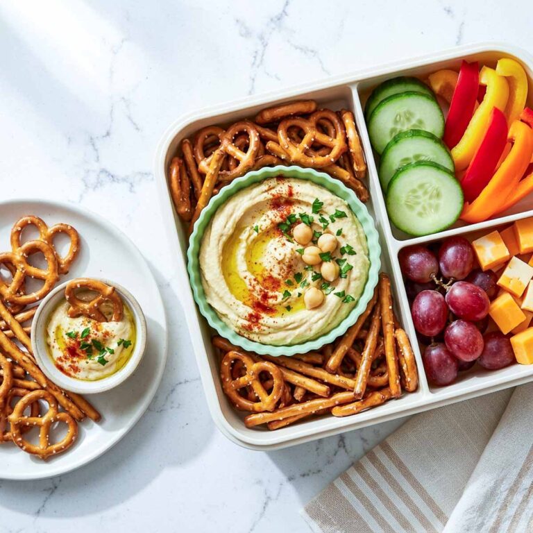 Hummus and pretzel snack box with cucumber, bell peppers, grapes, and cheese cubes.