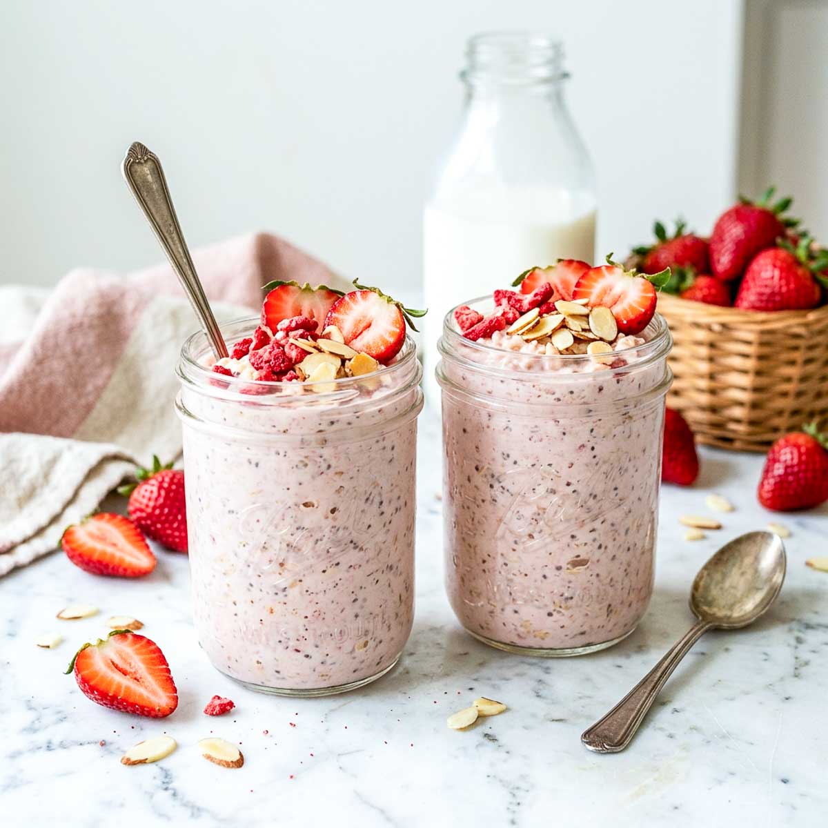 Strawberry kefir overnight oats in glass jars topped with fresh strawberries and sliced almonds.