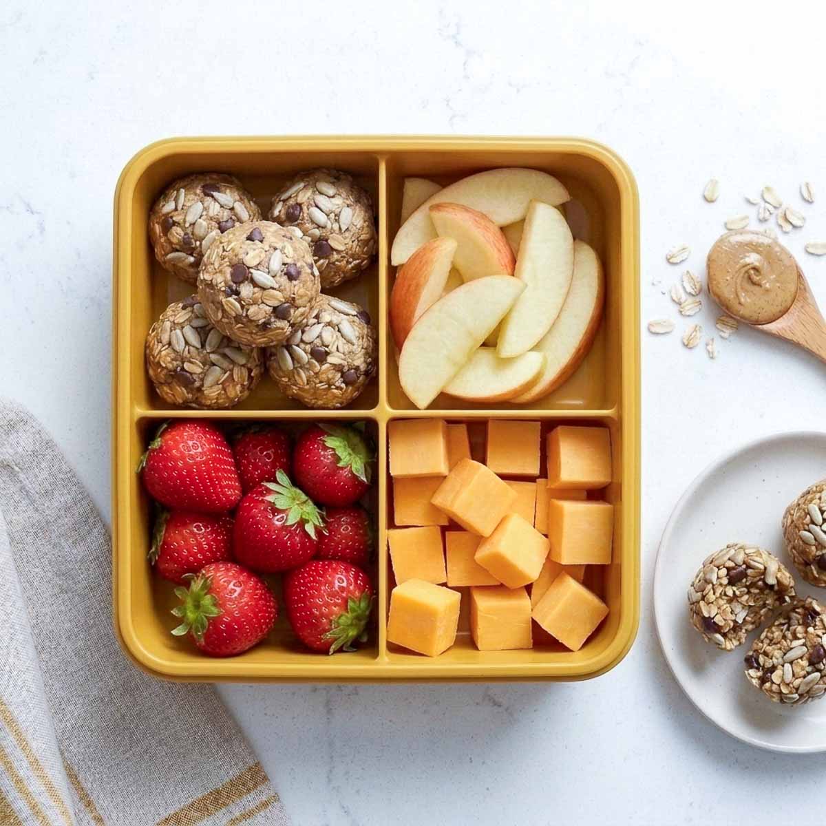 Sunflower seed energy bites with apple slices, strawberries, and cheese cubes packed in a lunchbox.