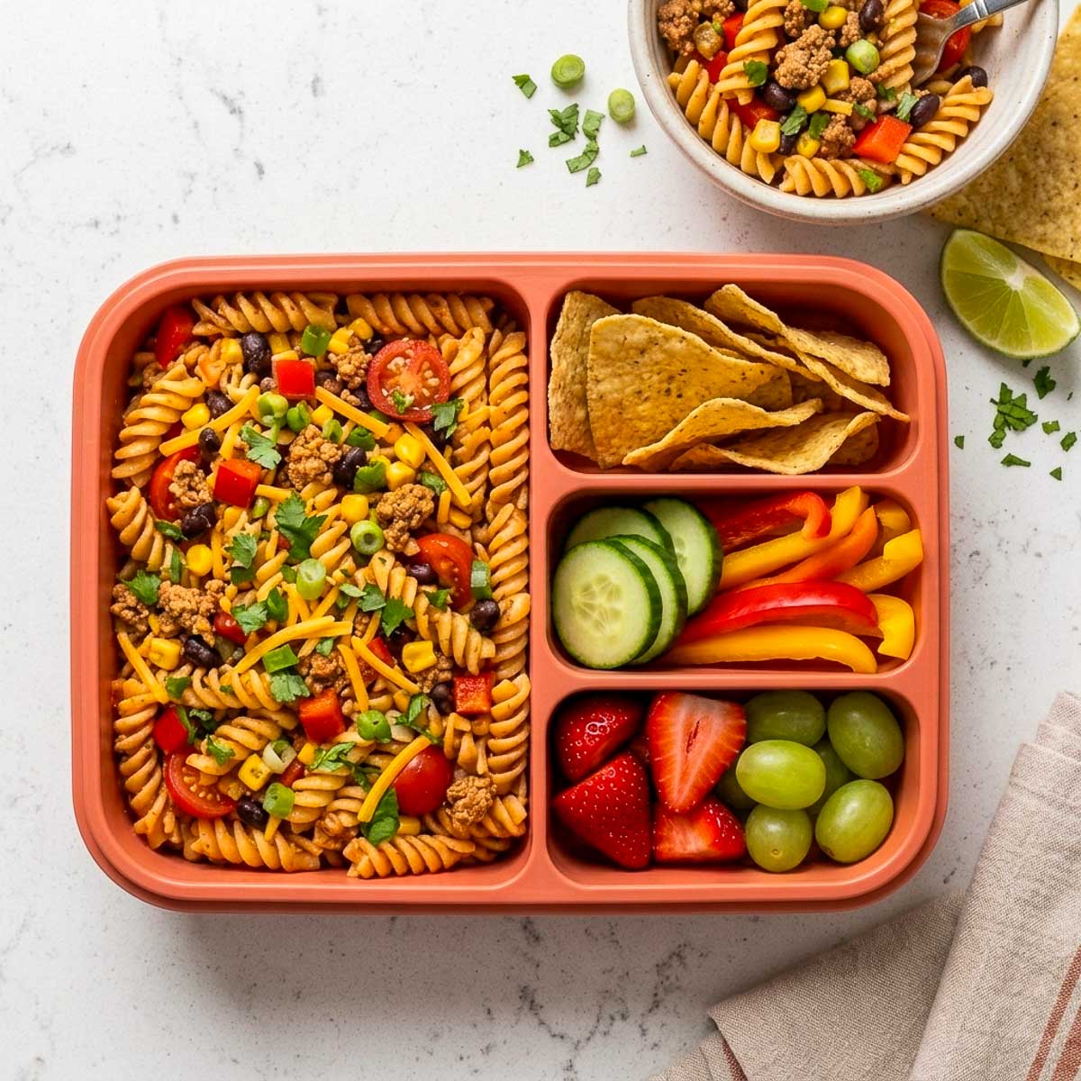 Taco pasta salad with black beans, corn, tomatoes, peppers, and cheddar packed with tortilla chips, cucumber, bell peppers, strawberries, and grapes.