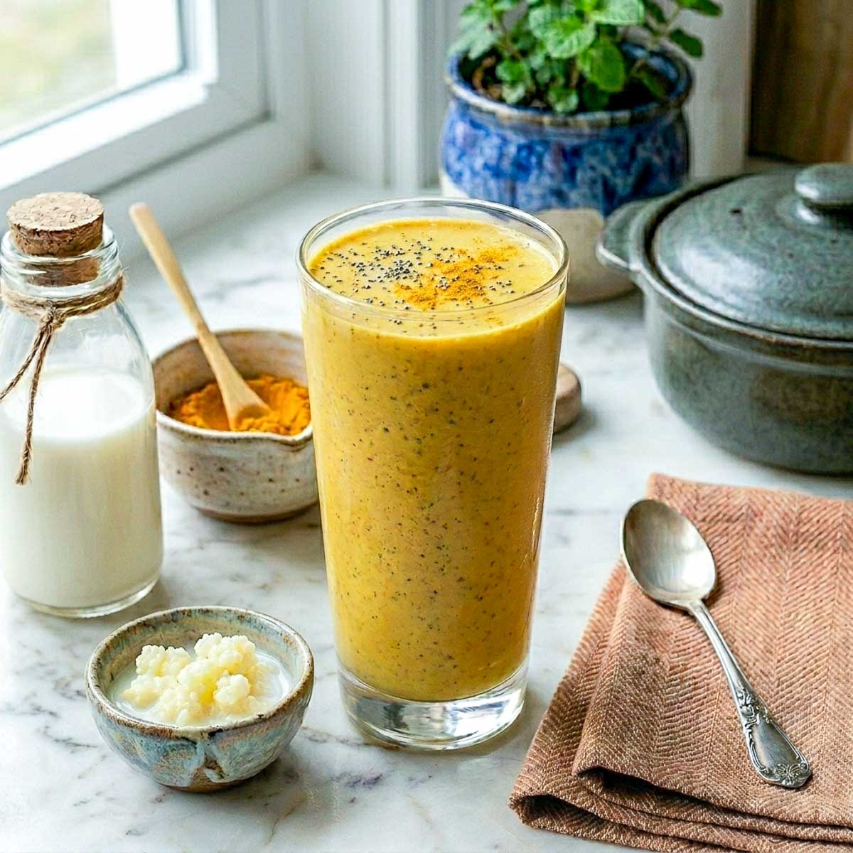 Golden turmeric kefir smoothie in a tall glass topped with chia seeds and turmeric.