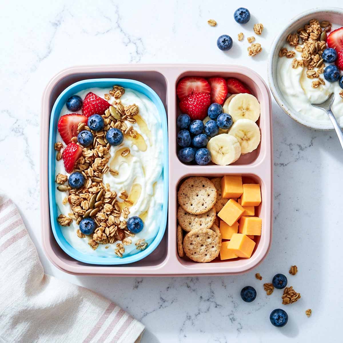Vanilla yogurt and granola lunchbox with strawberries, blueberries, banana slices, crackers, and cheese cubes.