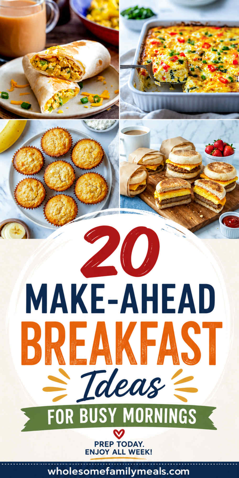 20 make-ahead breakfast ideas for busy mornings, featuring breakfast burritos, egg casserole, banana muffins, and breakfast sandwiches.