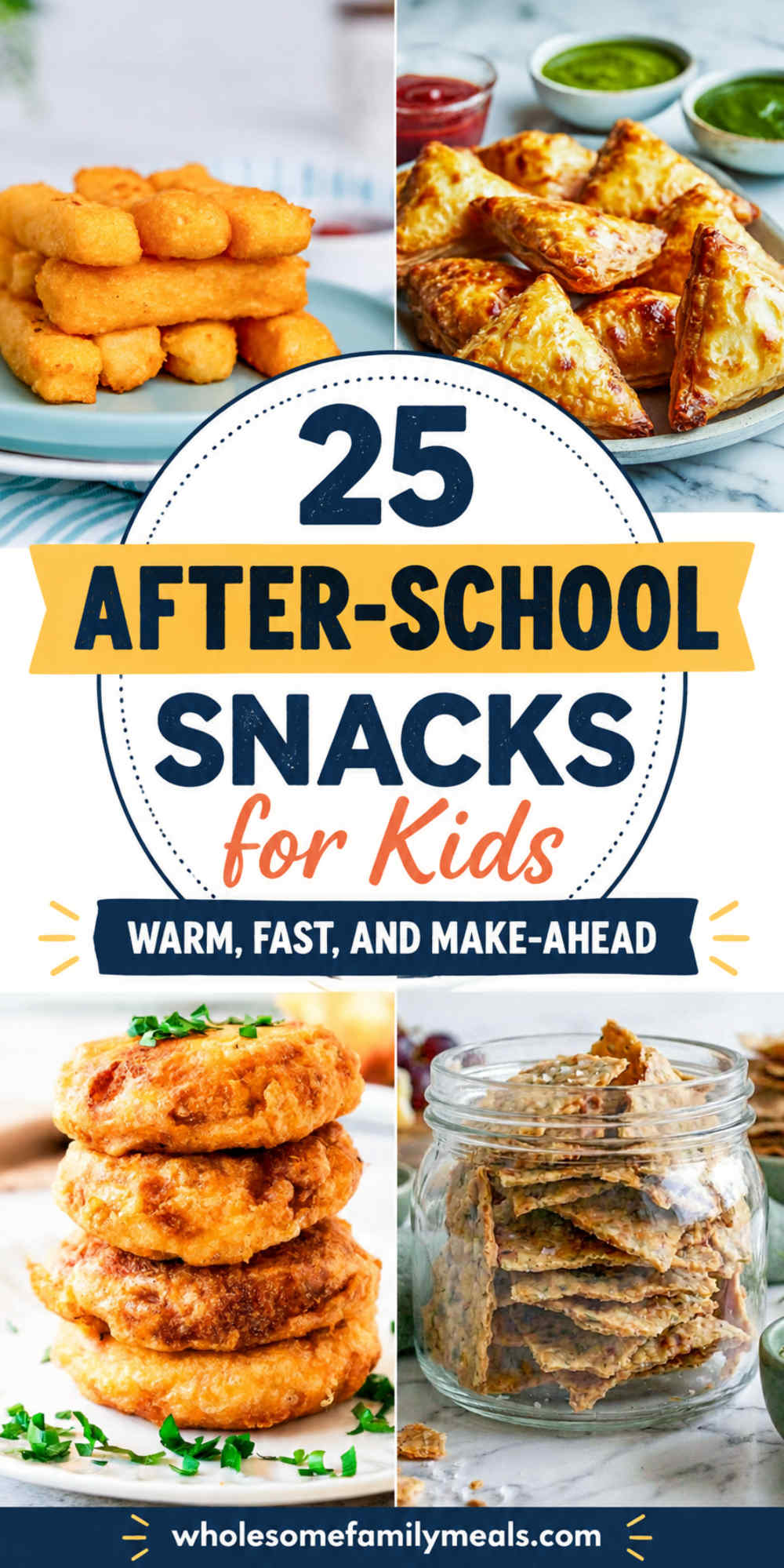 Pinterest graphic featuring four photos of golden after-school snacks, including crispy bites, samosas with dipping sauces, savory fritters, and seeded crackers. Text reads “25 After-School Snacks for Kids” and “Warm, Fast, and Make-Ahead,” with wholesomefamilymeals.com at the bottom.