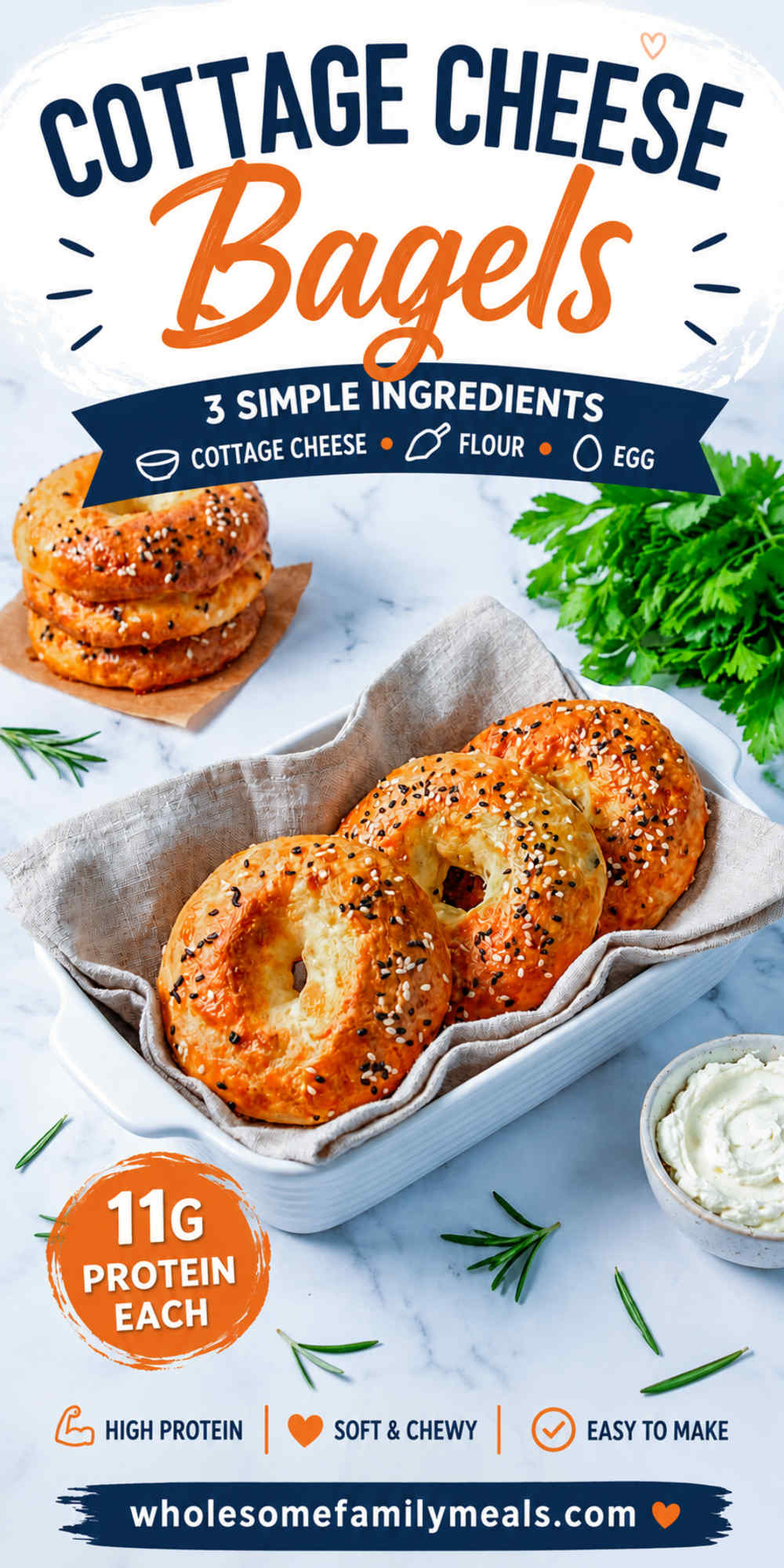 Cottage cheese bagels made with 3 simple ingredients, topped with everything seasoning and served in a linen-lined dish, with text highlighting 11 grams of protein per bagel.