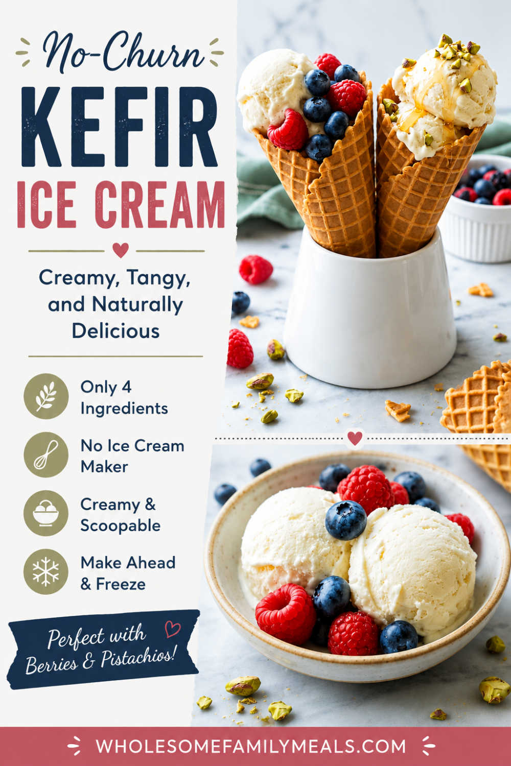 No-churn kefir ice cream in waffle cones and a bowl, topped with fresh raspberries, blueberries, pistachios, and a drizzle of honey, with text highlighting an easy homemade kefir ice cream recipe.