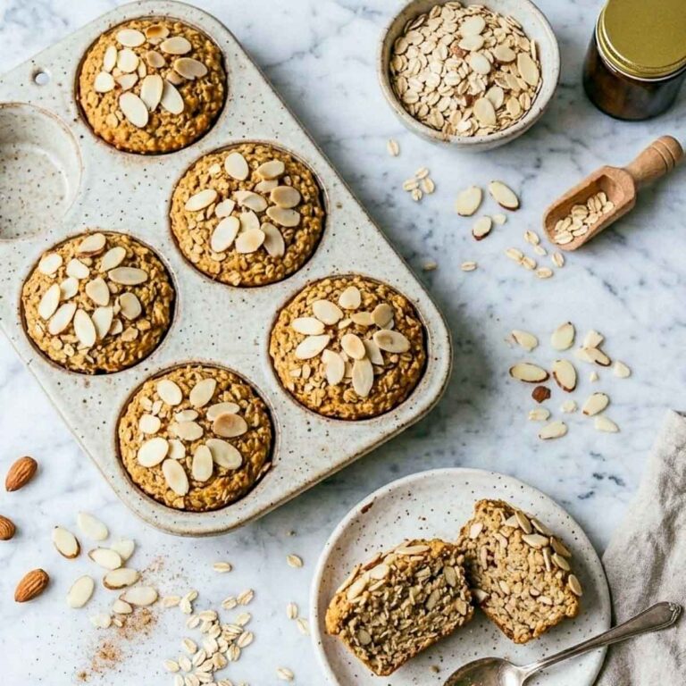 Baked oatmeal cups topped with sliced almonds in a speckled muffin tin, with one cut in half on a plate.