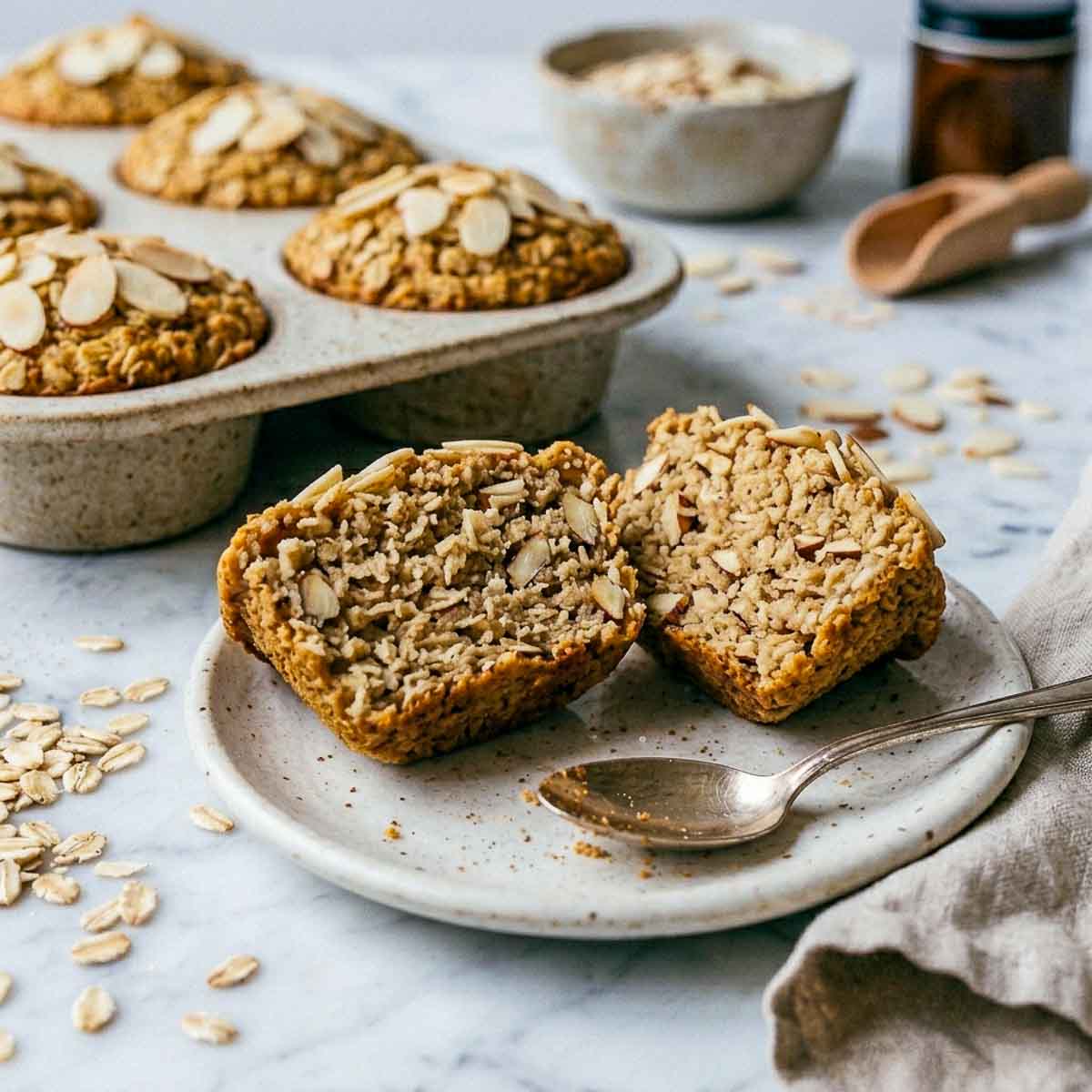 Baked oatmeal cup split open showing a set, tender center with whole rolled oats and sliced almonds.