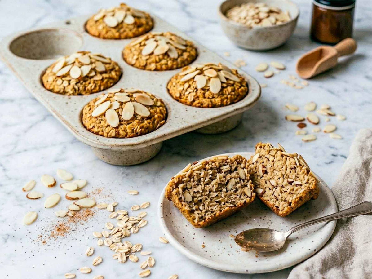 Baked oatmeal cups in a muffin tin with a halved cup on a plate and a spoon alongside.