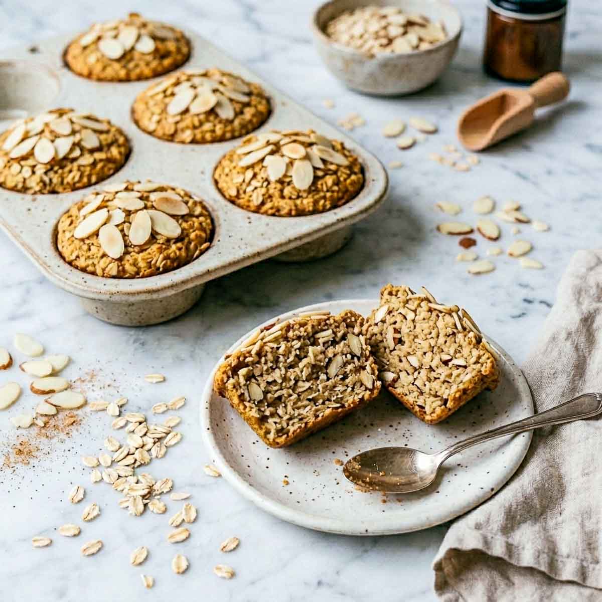 Banana almond baked oatmeal cups cooling in the pan with one served on a plate.