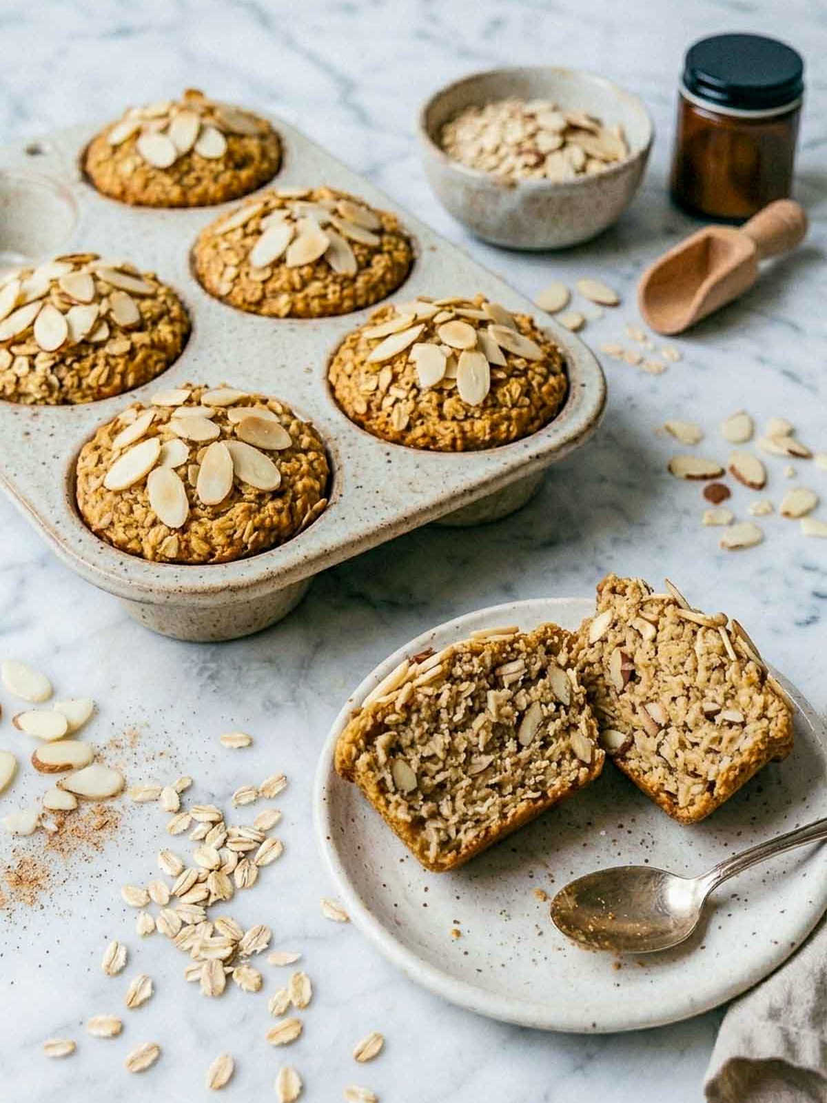 Banana baked oatmeal cups in a muffin tin beside a halved cup showing the chewy oat texture inside.