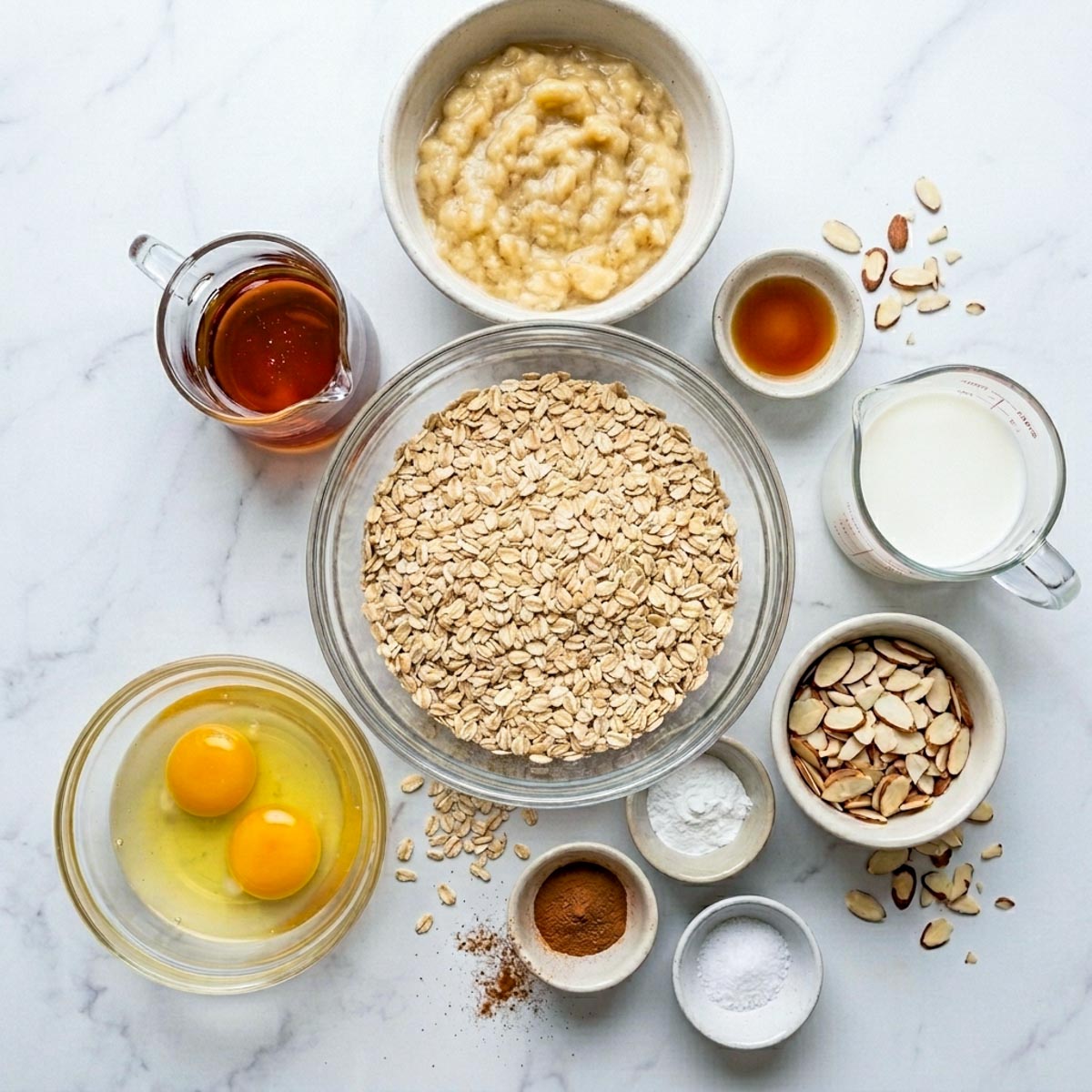Ingredients for baked oatmeal cups including rolled oats, mashed banana, eggs, milk, maple syrup, vanilla, sliced almonds, and cinnamon.