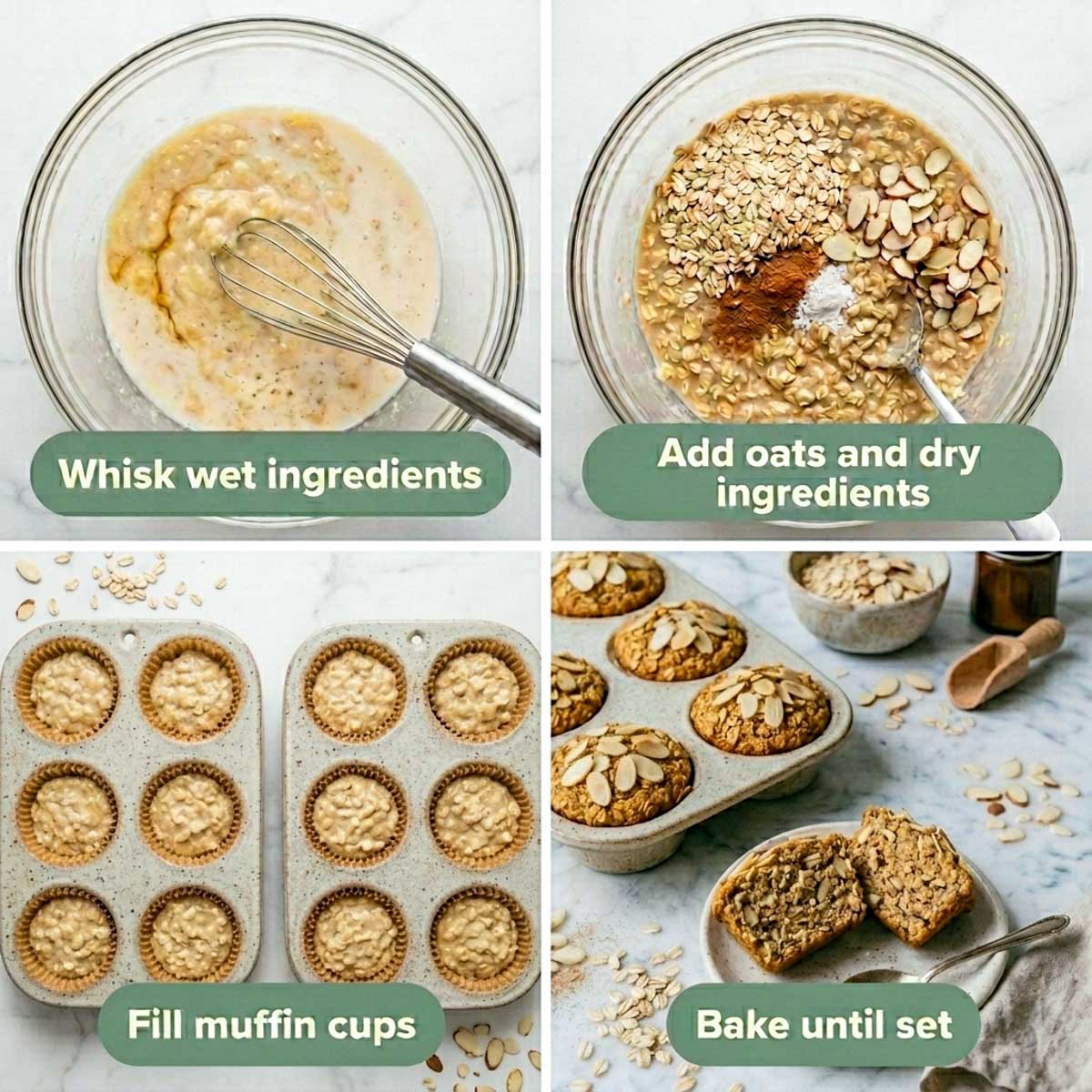 Four steps for making baked oatmeal cups: whisking wet ingredients, adding oats, filling the muffin cups, and the baked result.