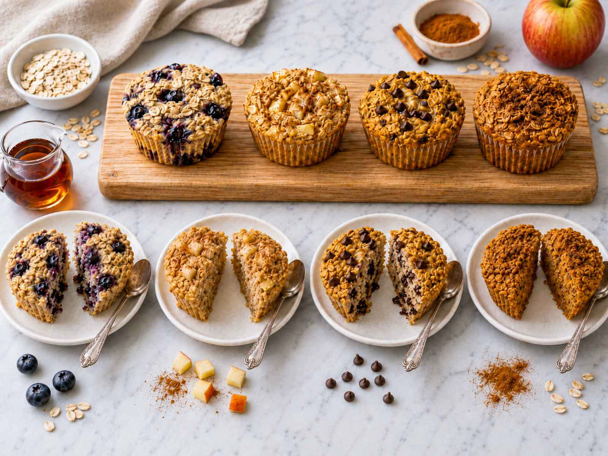 Four baked oatmeal cup flavors side by side: blueberry, apple cinnamon, chocolate chip, and pumpkin spice.