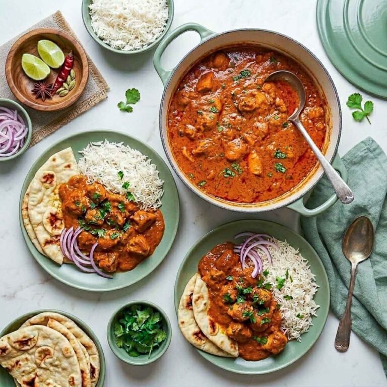 Top-down view of chicken masala served family-style with basmati rice and naan on sage green plates, alongside a Dutch oven of curry, sliced red onions, cilantro, naan, and a sage green linen napkin.