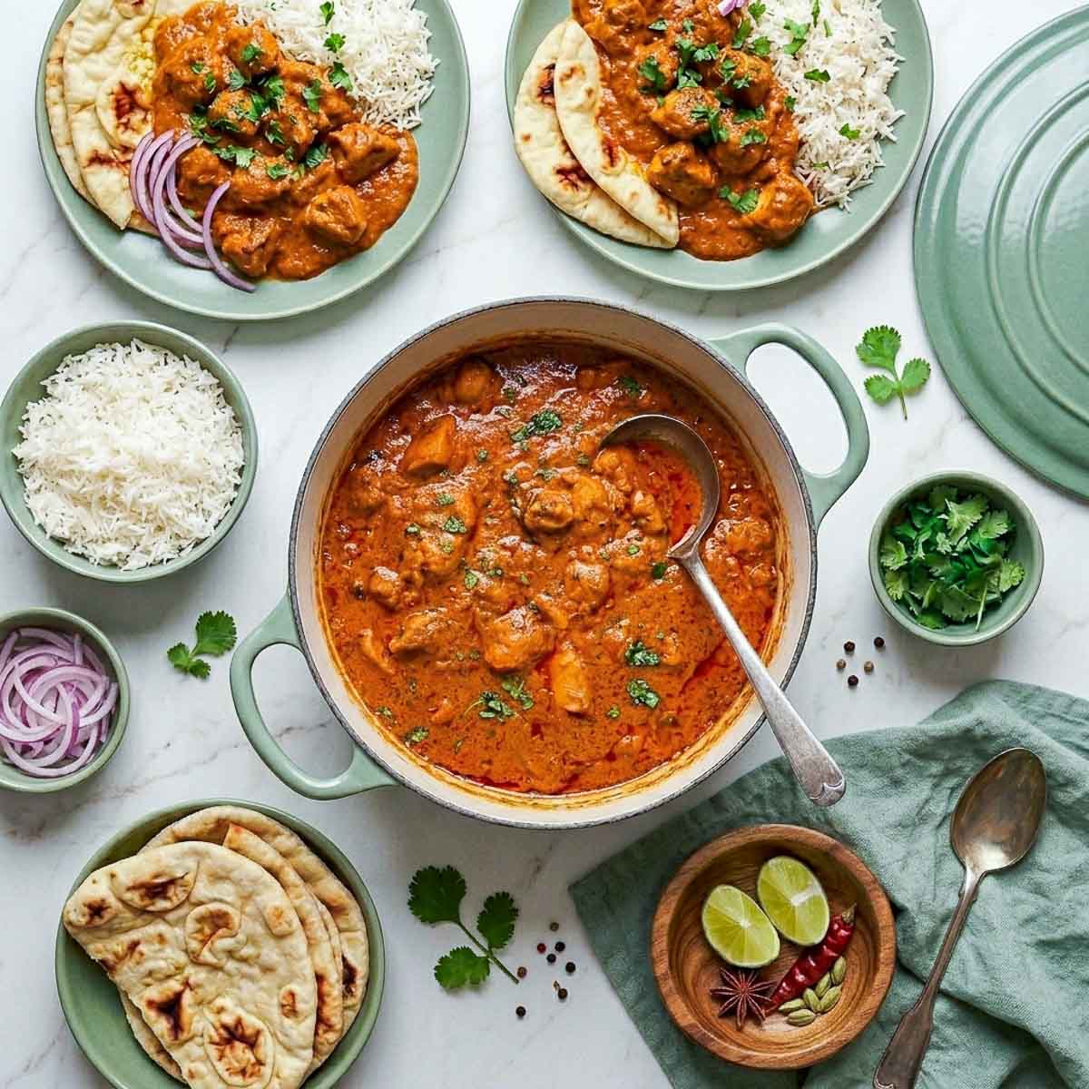 Overhead family-style spread of chicken masala in a sage green Dutch oven with plated servings of rice and naan, sliced red onions, cilantro, extra naan, and serving spoons.