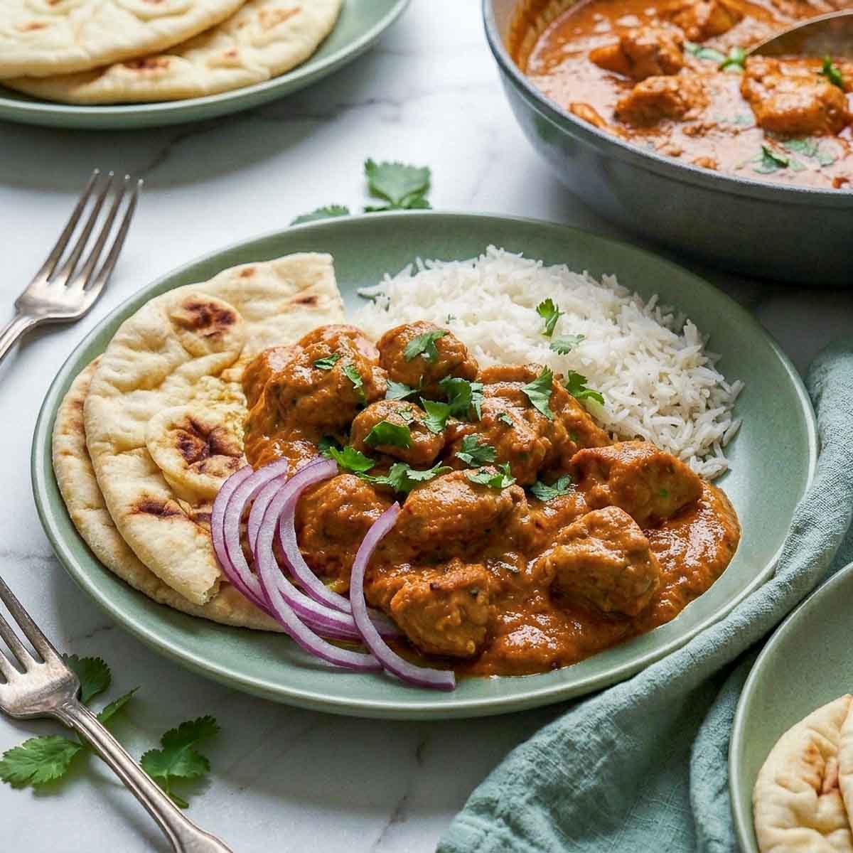 Close-up overhead view of chicken masala served with basmati rice, naan, fresh cilantro, and sliced red onions on a sage green plate.