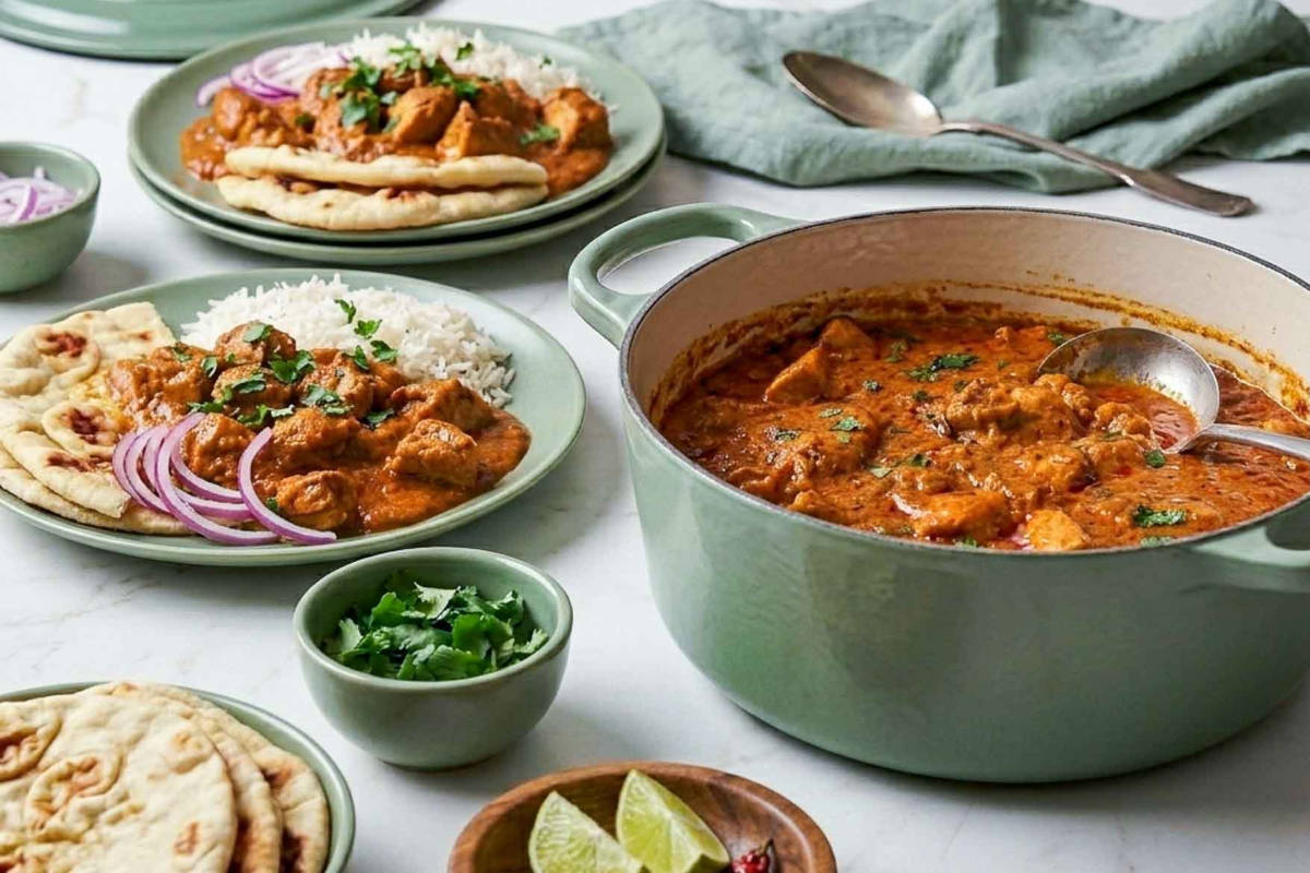 Chicken masala in a sage green Dutch oven with tender chicken pieces in a thick orange-red curry, served with naan, rice, cilantro, and sliced onions.