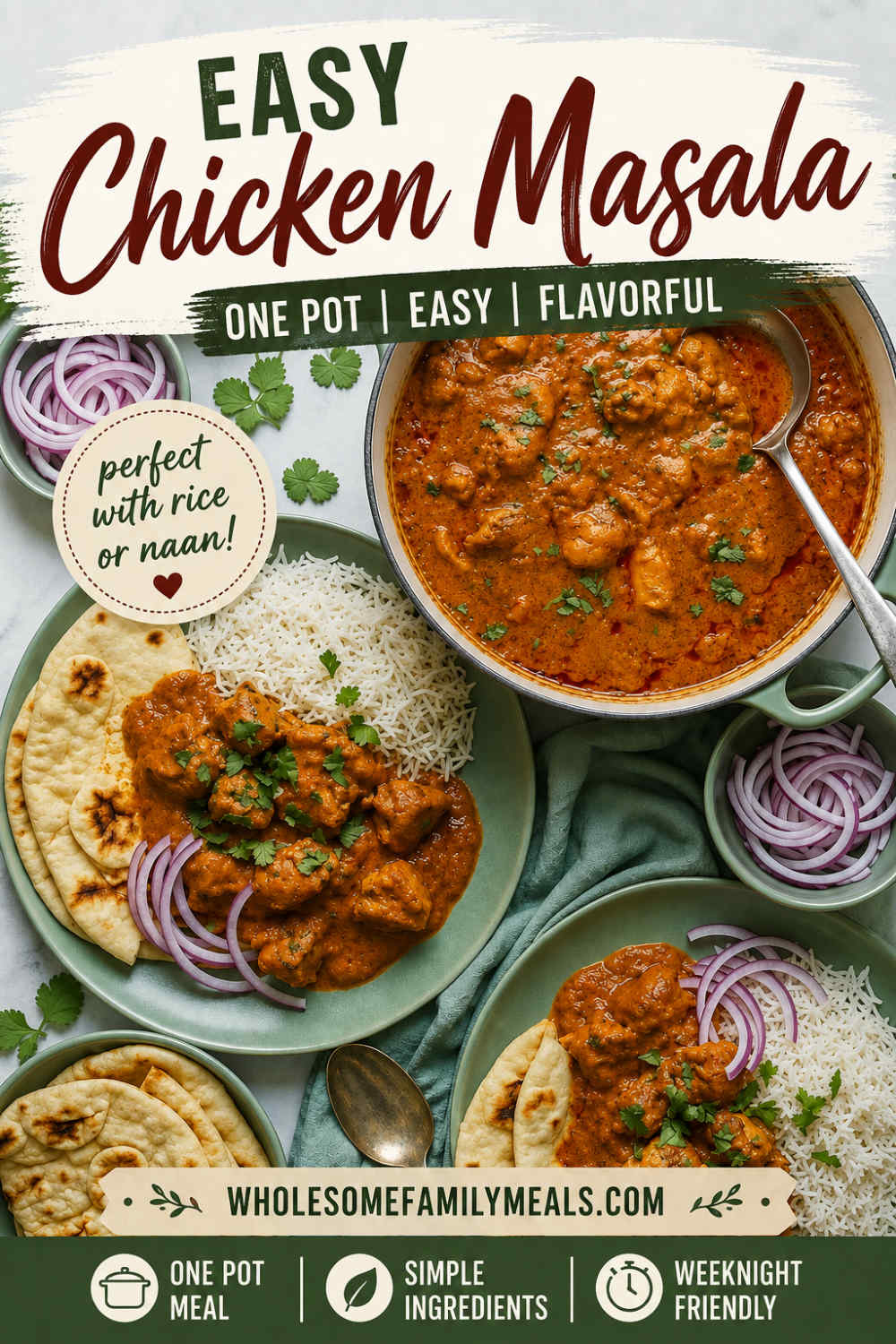 Easy chicken masala recipe served with basmati rice and naan, with a sage green Dutch oven of chicken curry, sliced red onions, cilantro, and text reading “One Pot, Easy, Flavorful.”