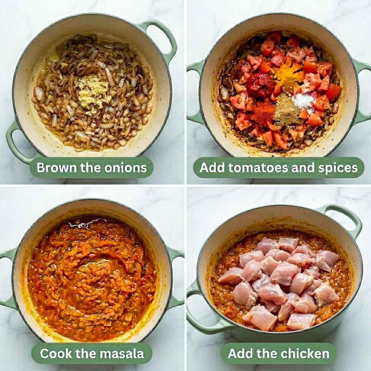 Four step collage showing onions browned with ginger and garlic, tomatoes and spices added, the cooked masala with oil separating, and raw chicken stirred in.
