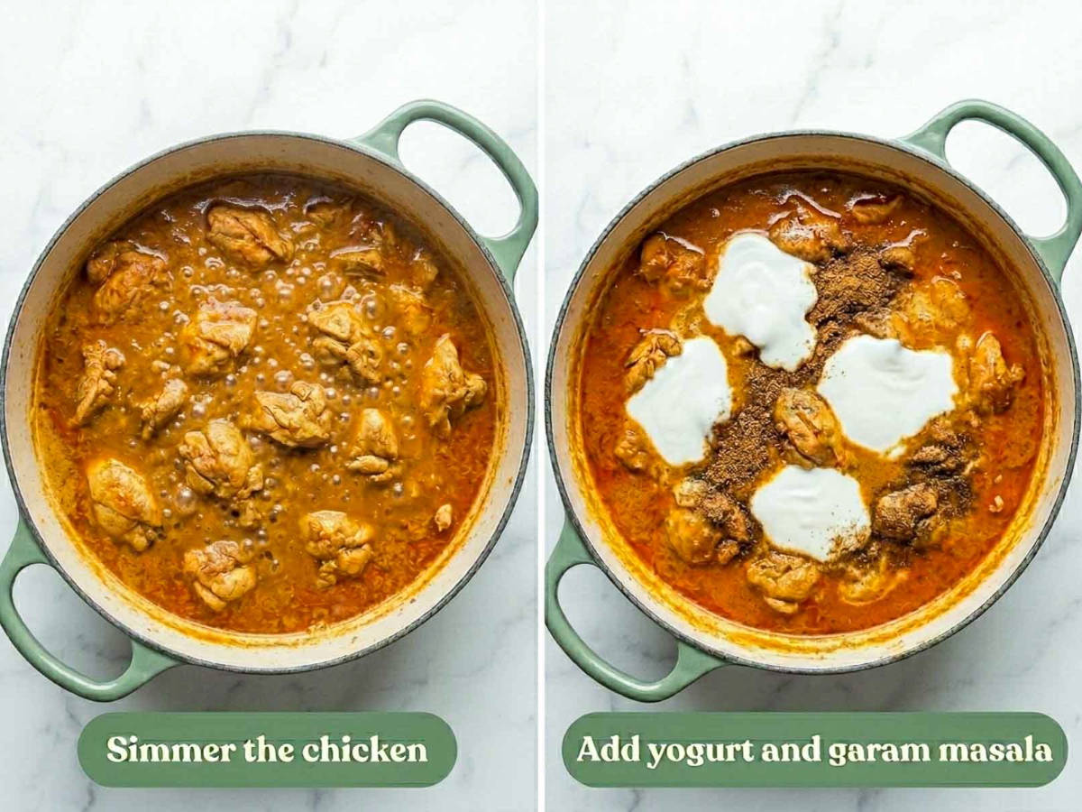 Two-step collage showing chicken simmering in the masala and whisked yogurt with garam masala stirred in.