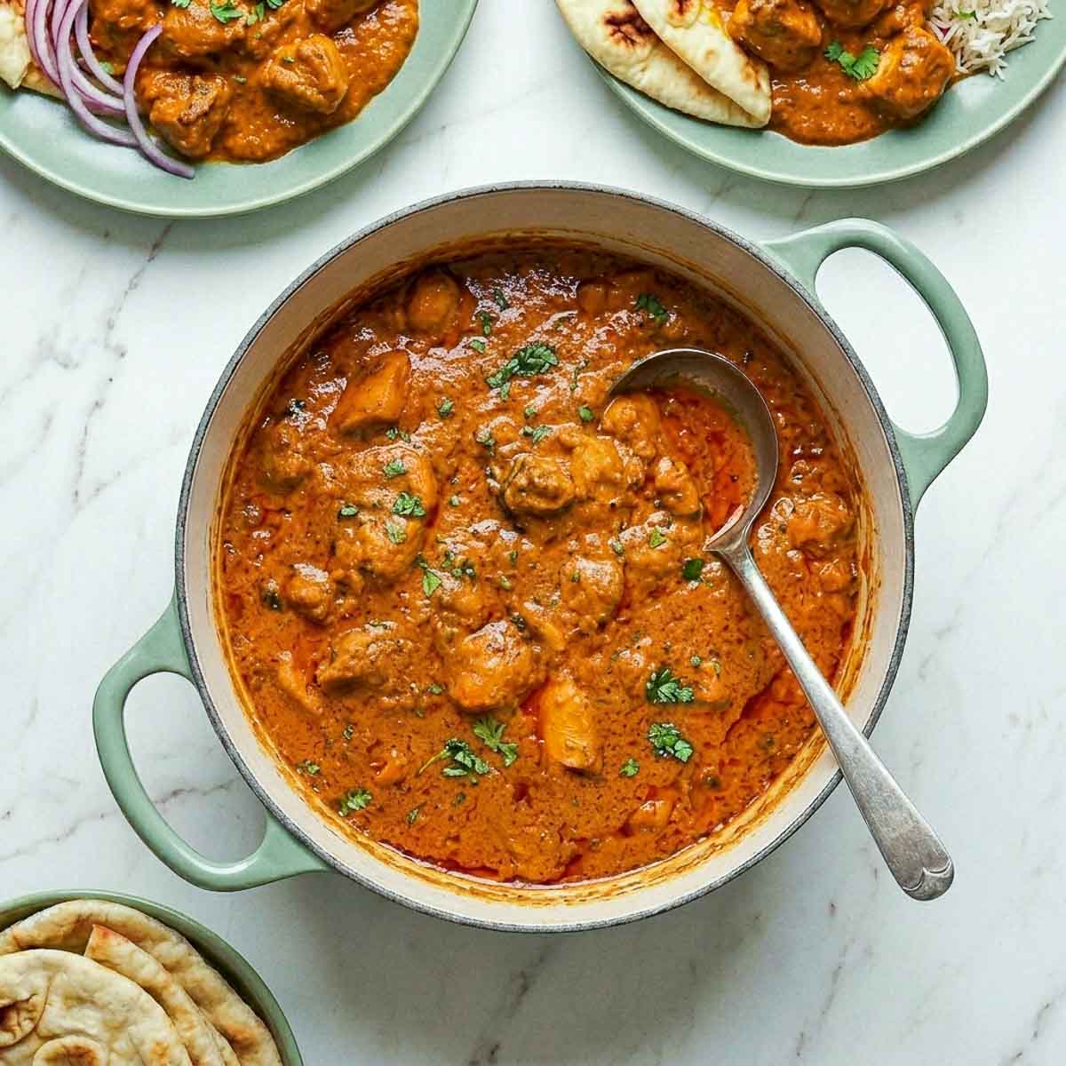 Finished chicken masala in a green Dutch oven with cilantro scattered over the sauce and a serving spoon resting in the pot.