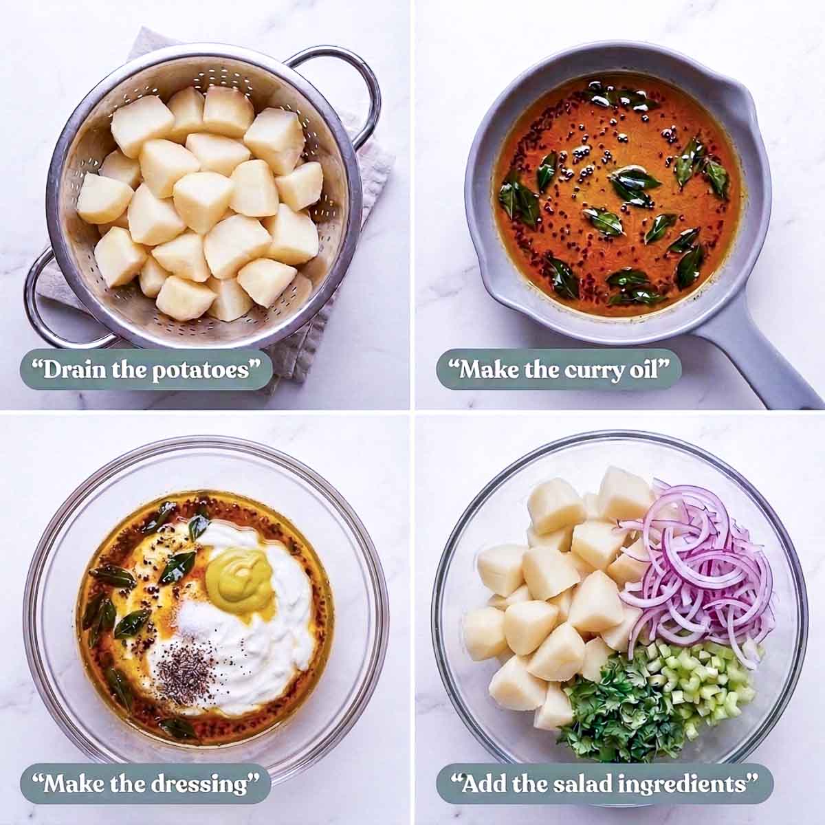 Four steps for curry potato salad: draining the boiled potatoes, making the curry oil, mixing the yogurt dressing, and adding the salad ingredients.